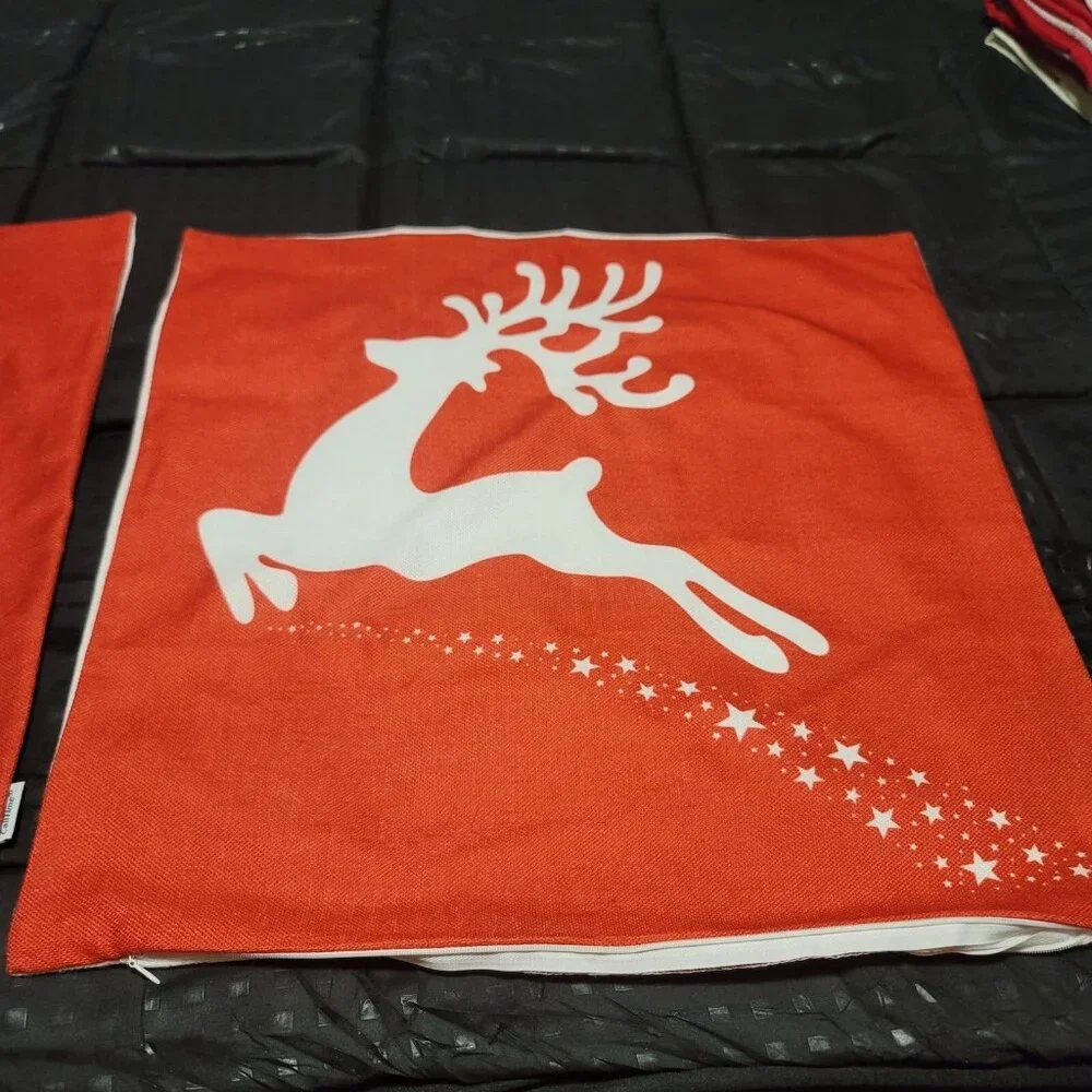 2 Vtg Style Red White Christmas Pillow Cover Screen Print Reindeer Appx 19x19